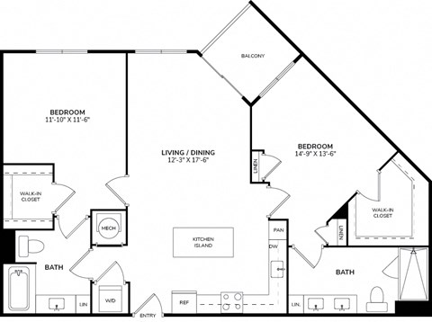 A black and white drawing of a house layout with a balcony, two bedrooms, a living/dining area, a kitchen, two bathrooms, and a walk-in closet.