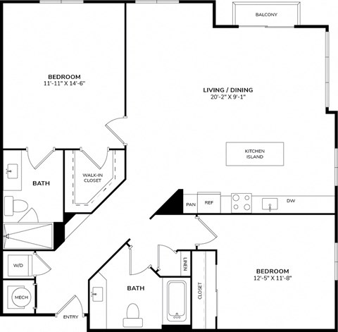 A black and white image of a house floor plan with a balcony, two bedrooms, a living/dining area, a kitchen island, two bathrooms, a walk-in closet, a pantry, a laundry