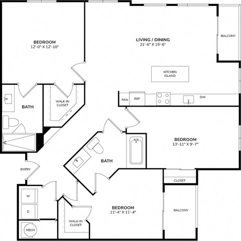 A black and white image of a floor plan for a home with three bedrooms, a living/dining area, a kitchen island, and a bathroom.