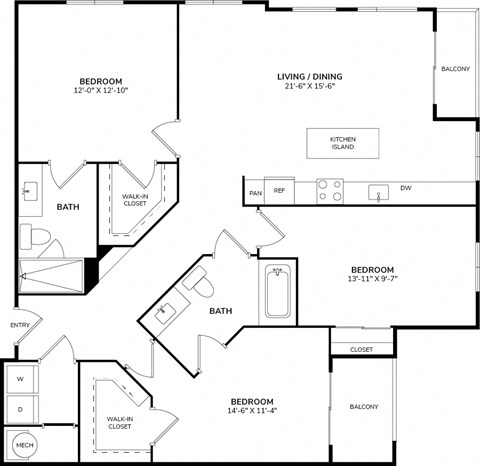 A black and white image of a floor plan for a home with three bedrooms, a living/dining area, and a kitchen island.