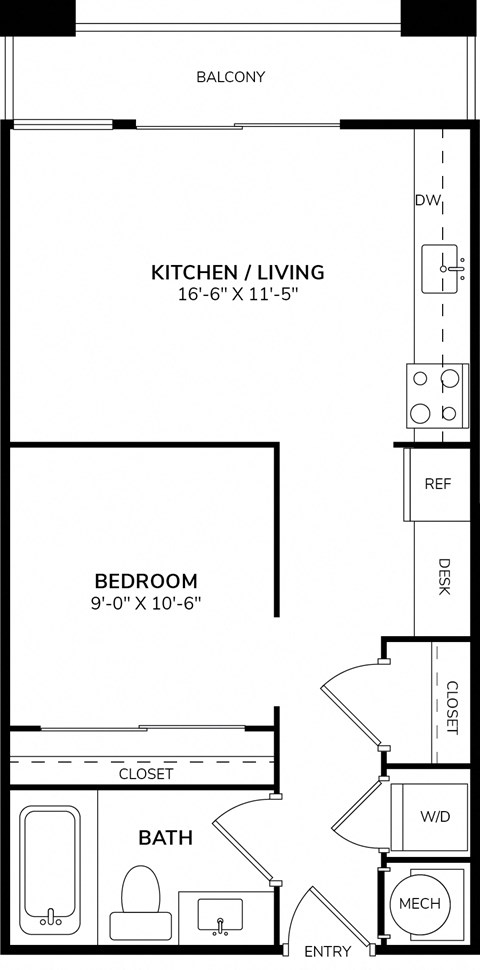 A floor plan shows a kitchen, living room, bedroom, and bathroom layout.