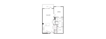 A floor plan of a house with a bedroom, bathroom, living room, dining room, kitchen, and a driveway.