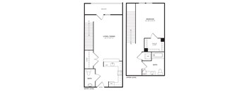 A black and white floor plan of a two level apartment.