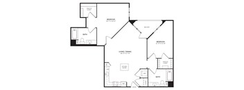 A black and white floor plan of a house with two bedrooms, a living area, a kitchen, a bathroom, and a walk-in closet.