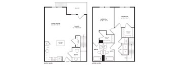 A floor plan of a two level home with a living room, dining room, kitchen, two bedrooms, two bathrooms, and an entry level.