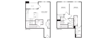A floor plan of a two level home with two bedrooms and a living/dining area.