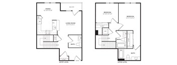A floor plan of a two-story house with two bedrooms and a living room.