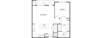 A black and white image of a house floor plan with a bedroom, living/dining area, kitchen, bath, pantry, and closet.