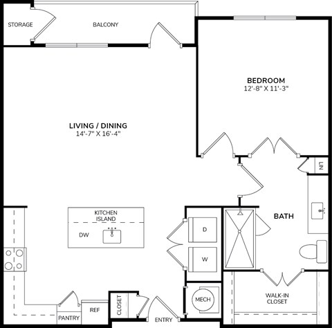 A black and white image of a house floor plan with a bedroom, living/dining area, kitchen, bath, pantry, and closet.