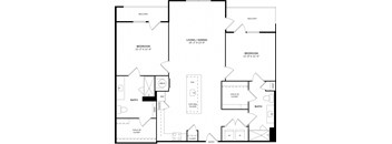 A black and white floor plan of a house with two bedrooms, a living area, a bathroom, a kitchen, and a walk-in closet.