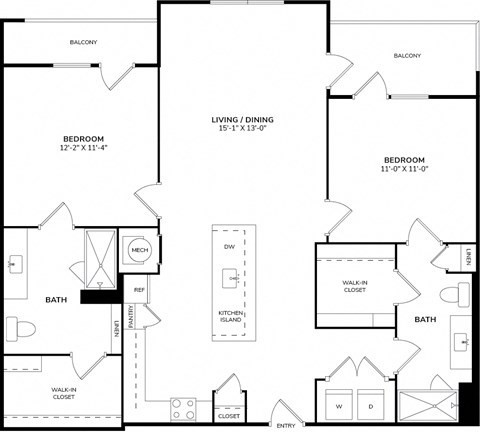 A black and white floor plan of a house with two bedrooms, a living area, a bathroom, a kitchen, and a walk-in closet.