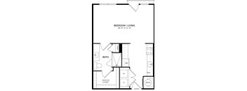 A floor plan of a bedroom and living room with a bathroom.