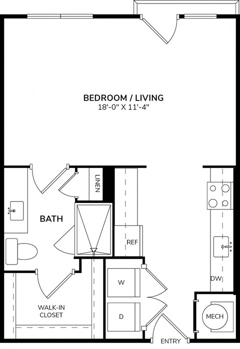 A floor plan of a bedroom and living room with a bathroom.