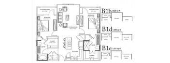 A floor plan of a home with three bedrooms, a bathroom, a kitchen, a living room, and a closet.