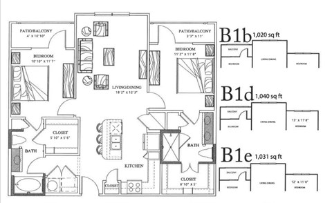 A floor plan of a home with three bedrooms, a bathroom, a kitchen, a living room, and a closet.