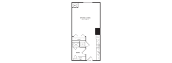A floor plan of a kitchen and living room with a bathroom and entry.