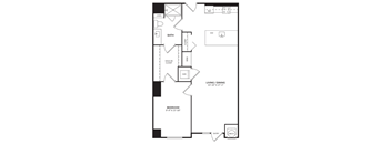 A black and white floor plan of a house with a living room, dining room, bedroom, bathroom, and laundry area.