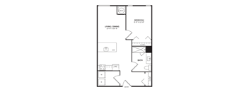 A floor plan of a one bedroom apartment with a bedroom, living/dining area, and bathroom.