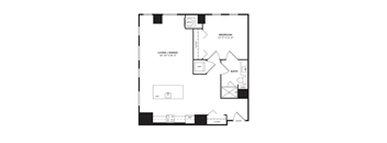 A floor plan of a one bedroom apartment with a bedroom, living/dining area, and bathroom.