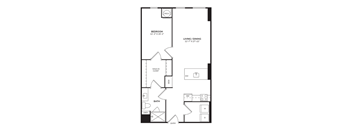 A floor plan of a one bedroom apartment with a bedroom, living/dining area, bathroom, and kitchen.