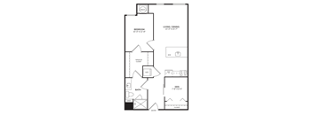 A floor plan of a one bedroom apartment with a living room and den.