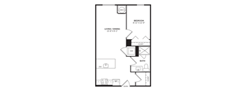 A floor plan of one bedroom apartment with a living room, and bathroom.