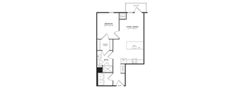 A floor plan of a one bedroom one bathroom apartment with a living/dining area, and kitchen.