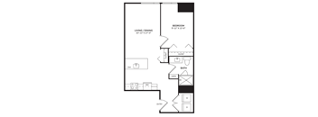 A floor plan of a one bedroom apartment with a living room, dining room, bathroom, and closet.