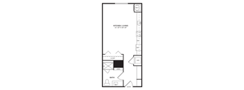 A floor plan of a kitchen and living room with a bathroom and closet.