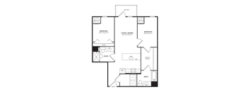 A floor plan with two bedrooms, a living/dining area, a bathroom, a closet, and an entry.