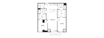 A floor plan for an apartment with two bedrooms, a living area, and two bathrooms