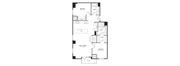 A floor plan of an apartment with two bedrooms, two bathrooms, and a living area