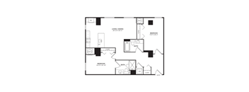 A two bedroom two bathroom apartment with a kitchen and living area
