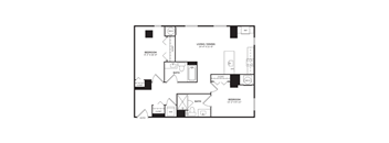 A two bedroom two bathroom apartment with a kitchen and living and dining area