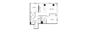 A floor plan for an apartment with a living room, dining room, and two bedrooms.
