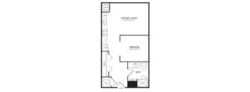 A floor plan of a small apartment with a kitchen, bedroom, and bathroom.