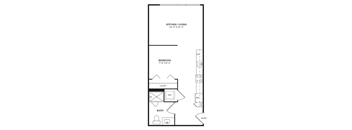 A floor plan of a studio apartment with a kitchen, bedroom, and bathroom.