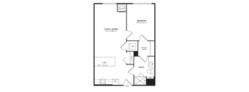 A floor plan of a one bedroom apartment with a bedroom, living/dining area, bathroom, and closet.