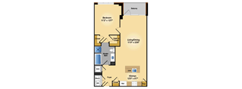 A floor plan of a house with a bedroom, living/dining area, kitchen, and bathroom.