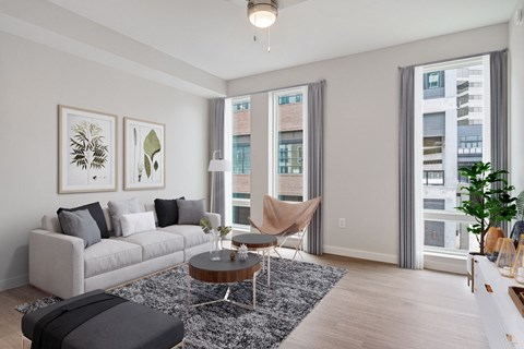 a living room with a couch and a coffee table