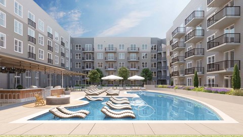 a rendering of an apartment building with a swimming pool