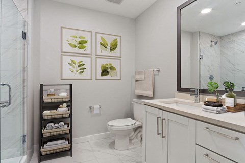 a bathroom with a shower and a sink and a toilet