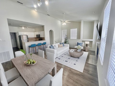Living room and kitchen with bright natural light at Windsor Highwoods Preserve apartments