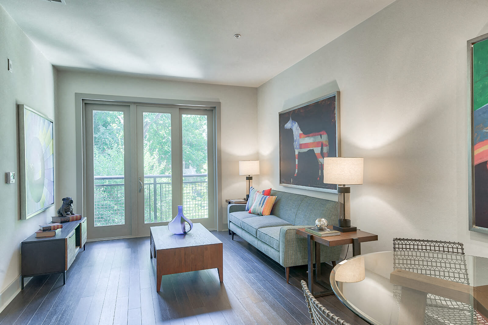 a living room with a couch and a table