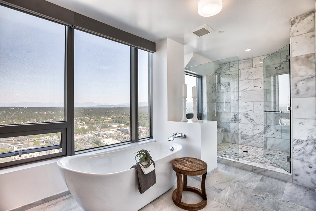 Spa inspired penthouse bathroom Spa inspired penthouse bathroom at The Bravern, 688 110th Ave NE, WA
