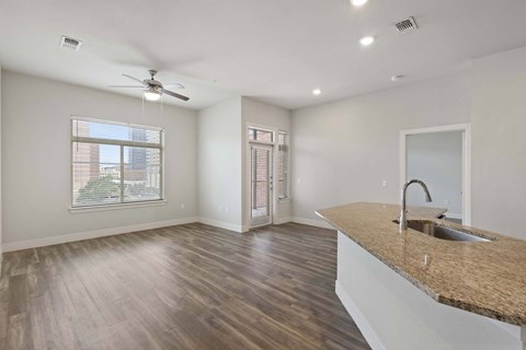Open concept kitchen and living area at Eleven by Windsor 811 East 11th Street Austin, TX 78702