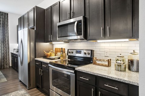 a kitchen with stainless steel appliances and black cabinets