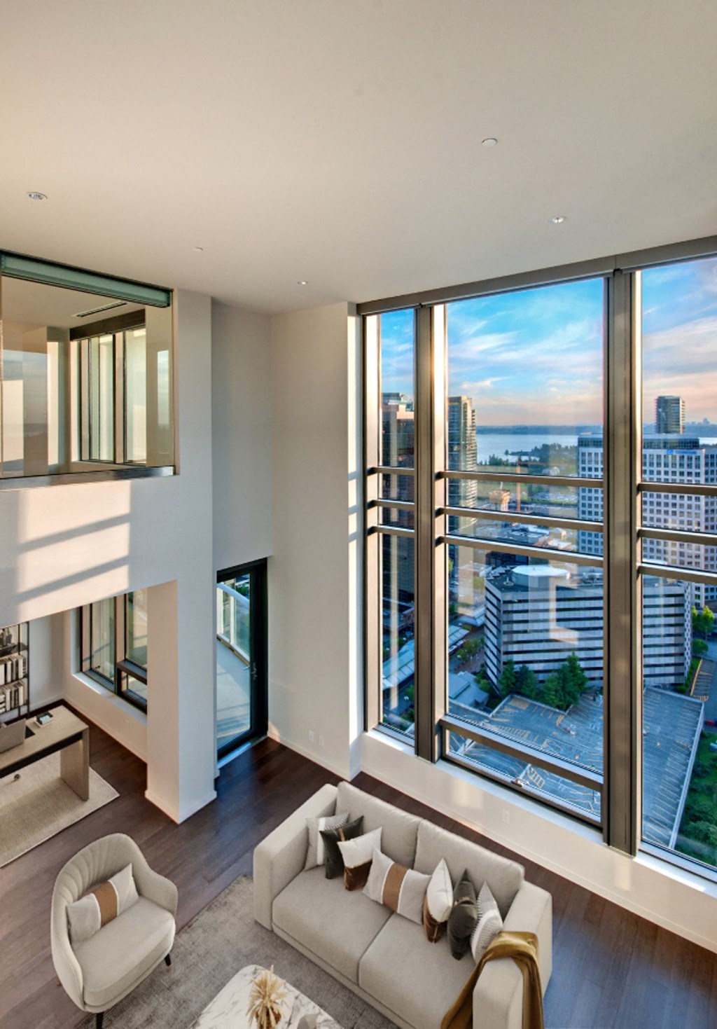 Penthouse living room at Unit N3103 Living Room at Bravern, Bellevue, Washington
