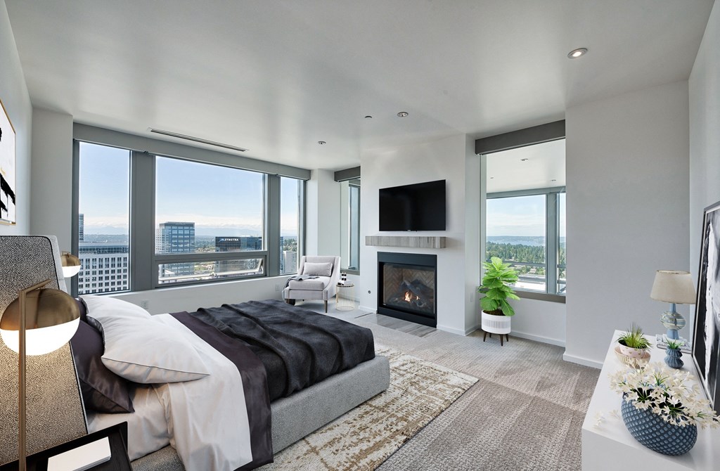 Spacious penthouse bedroom Bedroom with fireplace S3102 at The Bravern, Bellevue, Washington