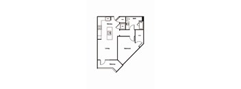 A floor plan of a home with a living room, kitchen, bathroom, bedroom, and balcony.